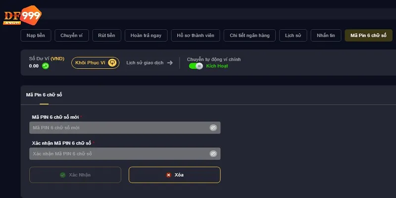Thiết lập mã PIN để rút tiền DF999